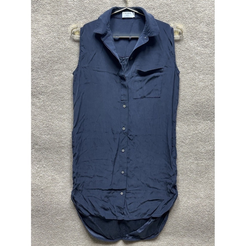 Frame Le Sleeveless Silk Chartreuse Shirt Mini Dress Womens XS Navy Blue EUC